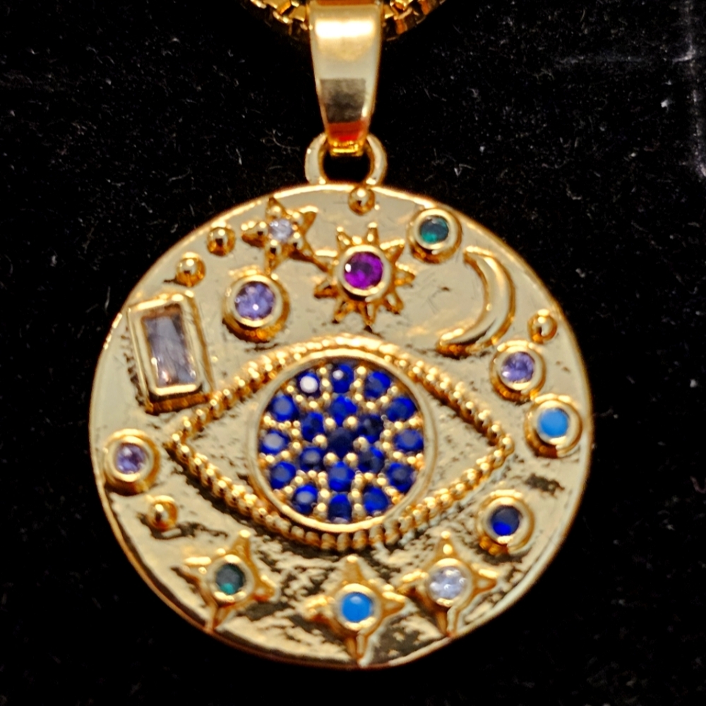 16.5"+2" ext., Blue/Multicolor Evil Eye Pendant/Chain, 18 KYG PVD on Stain.Steel